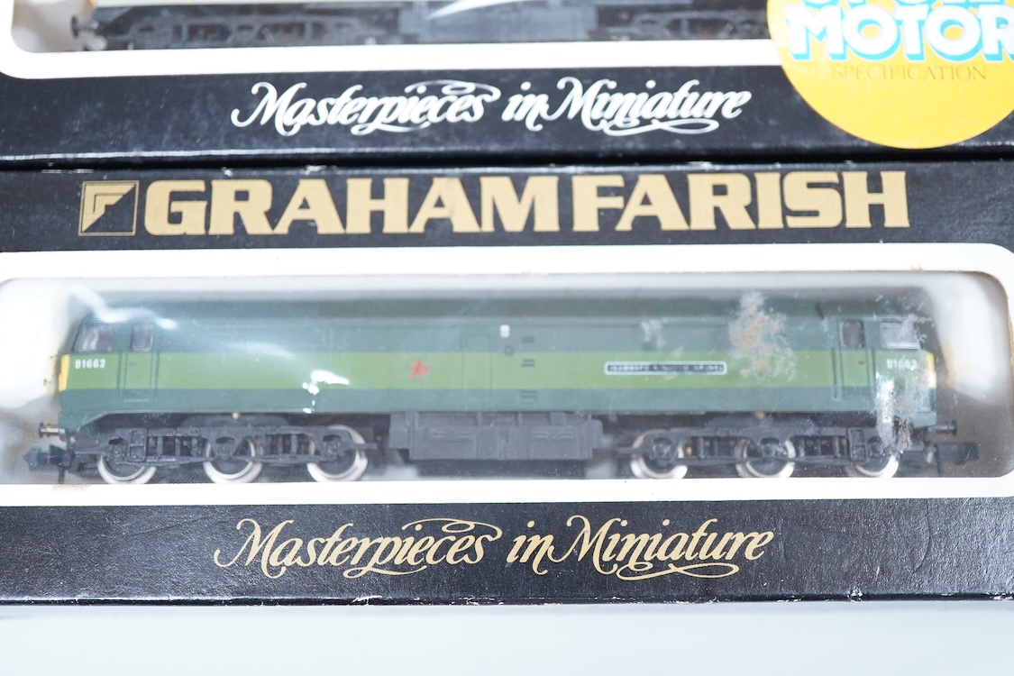 Four boxed Graham Farish N gauge railway diesel locomotives; a BR class 52, Western Emperor D1036 (8424), a BR class 47, D1662 (8004), a BR Rail Freight 47231, (8008) and a BR class 40, D348 (8115).
